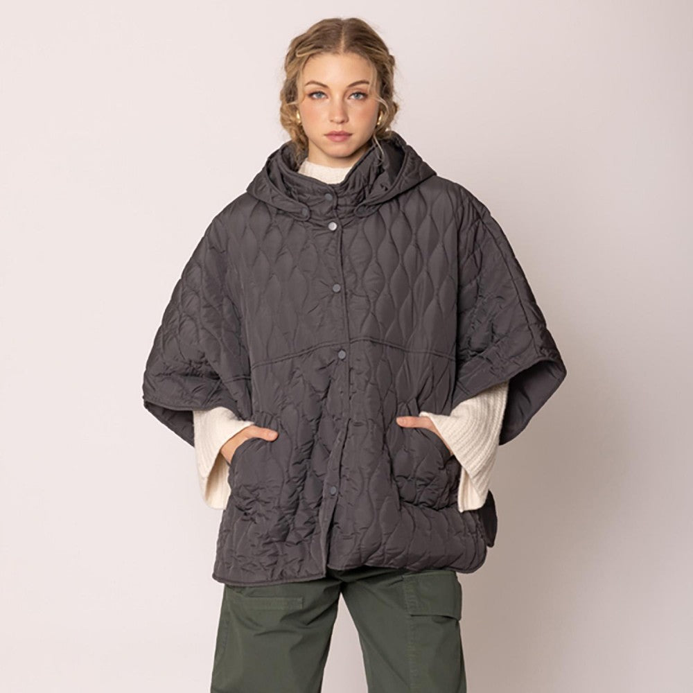 Quilted Snap Front Hooded Poncho