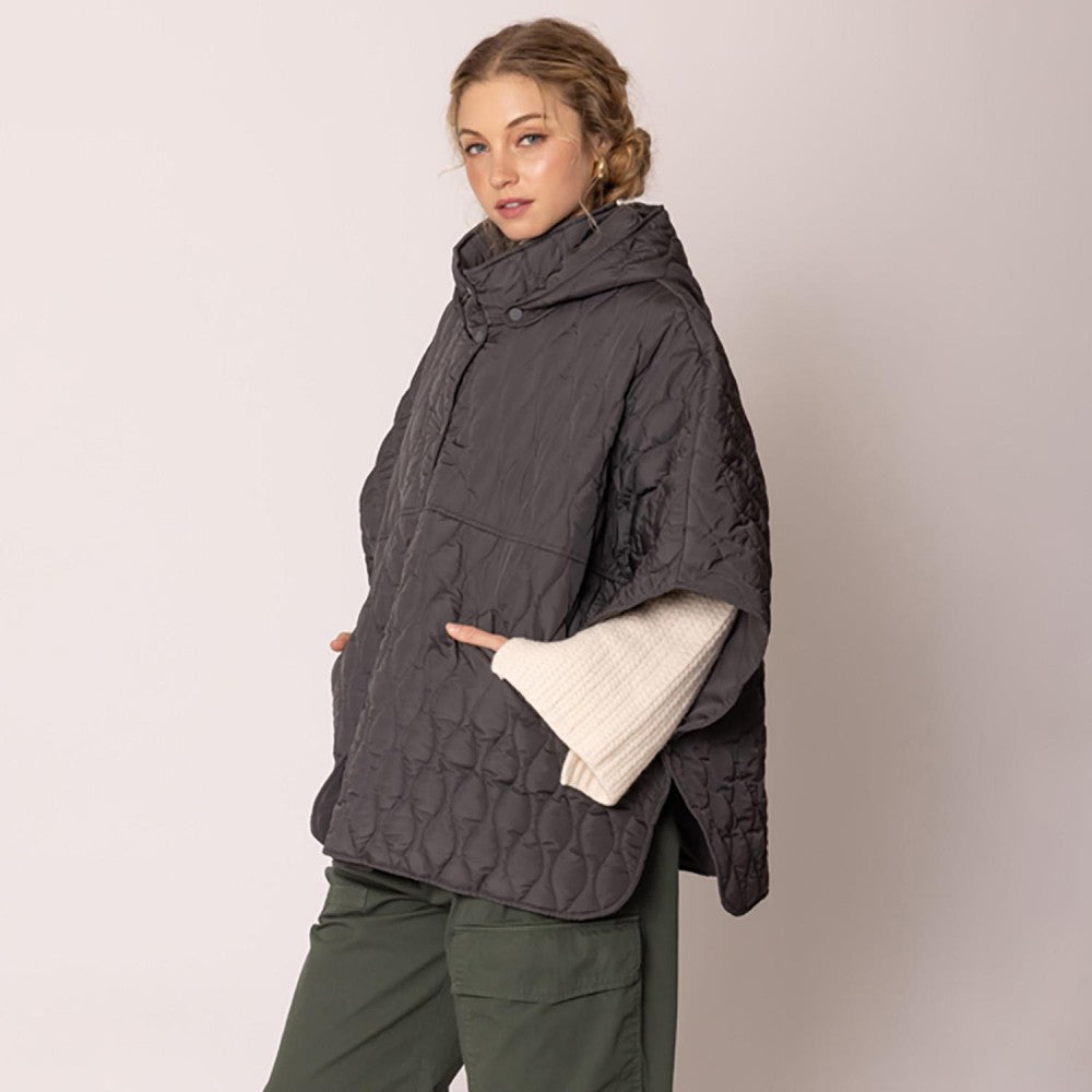 Quilted Snap Front Hooded Poncho