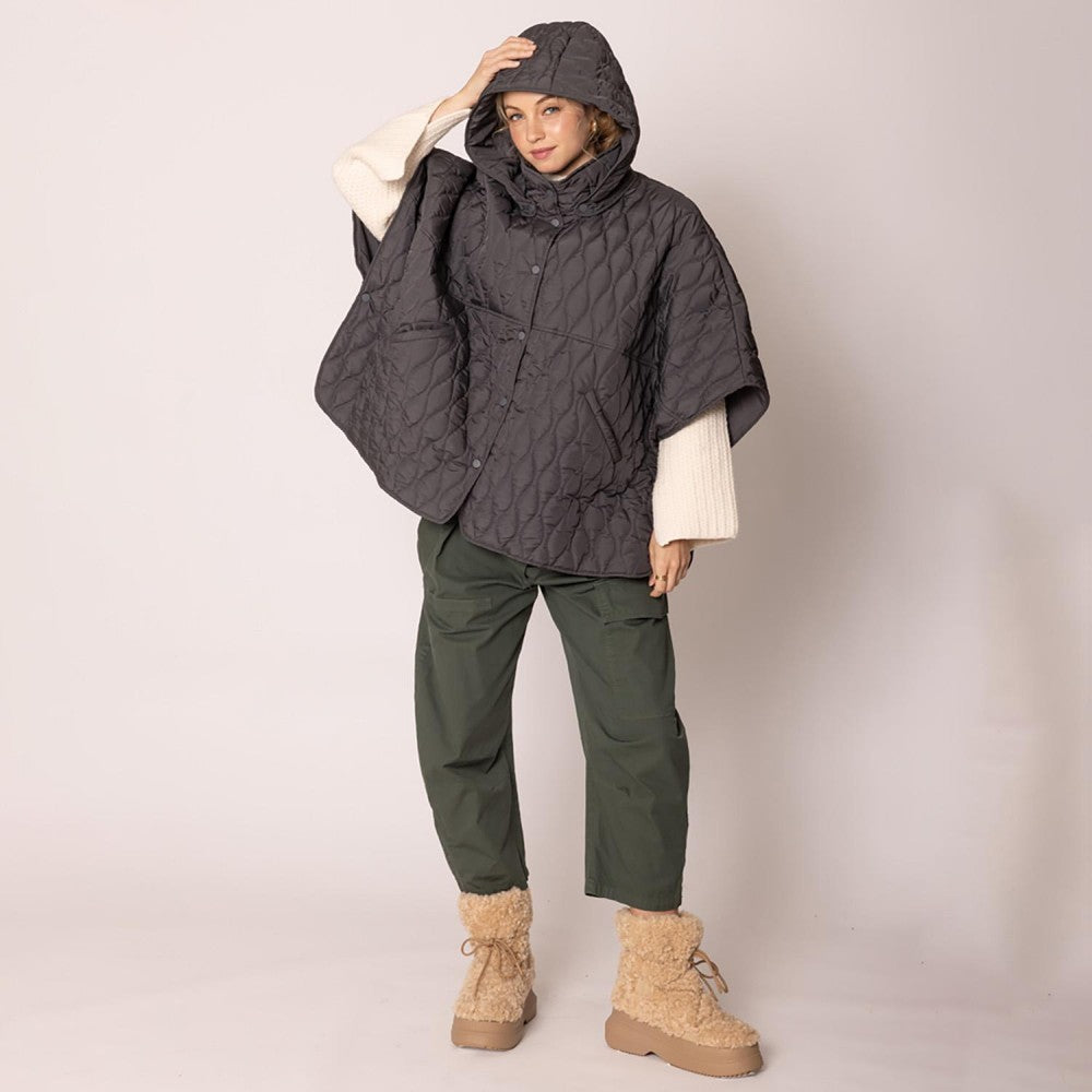 Quilted Snap Front Hooded Poncho