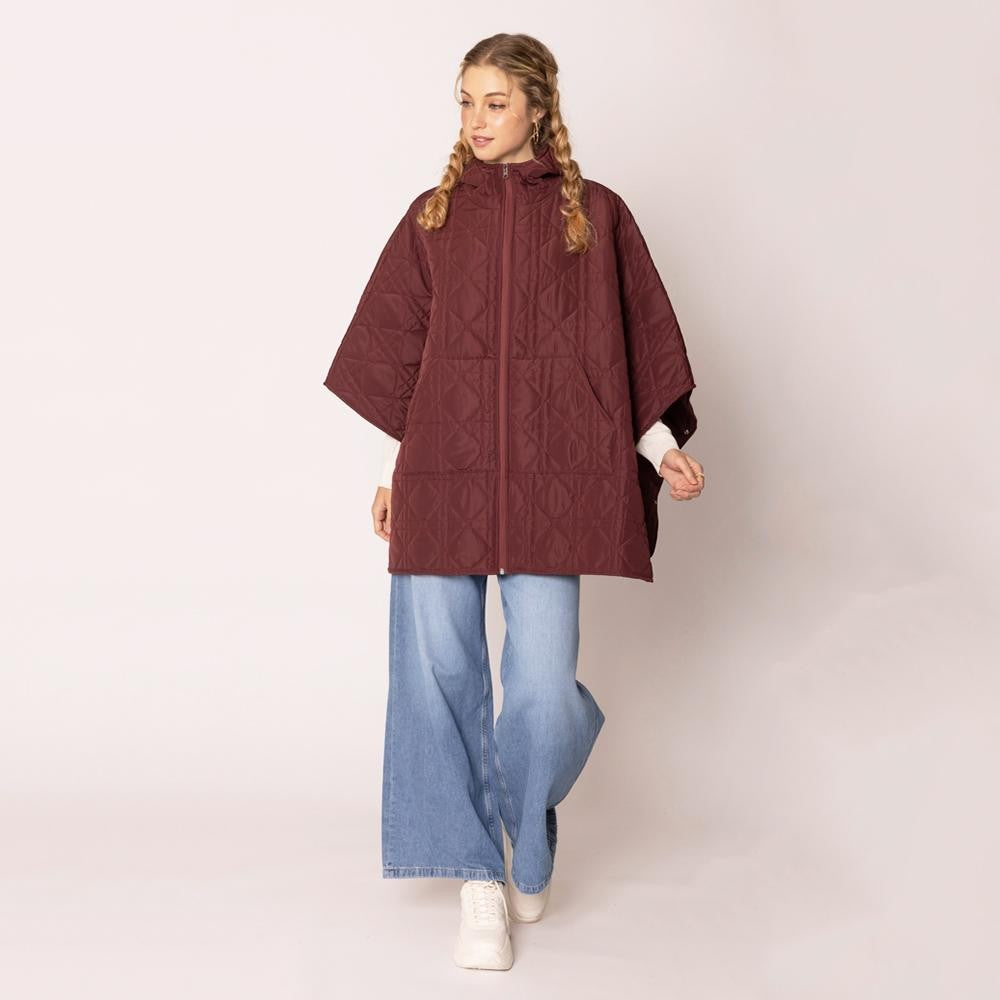 Quilted Burgundy Hooded Zip Up Poncho