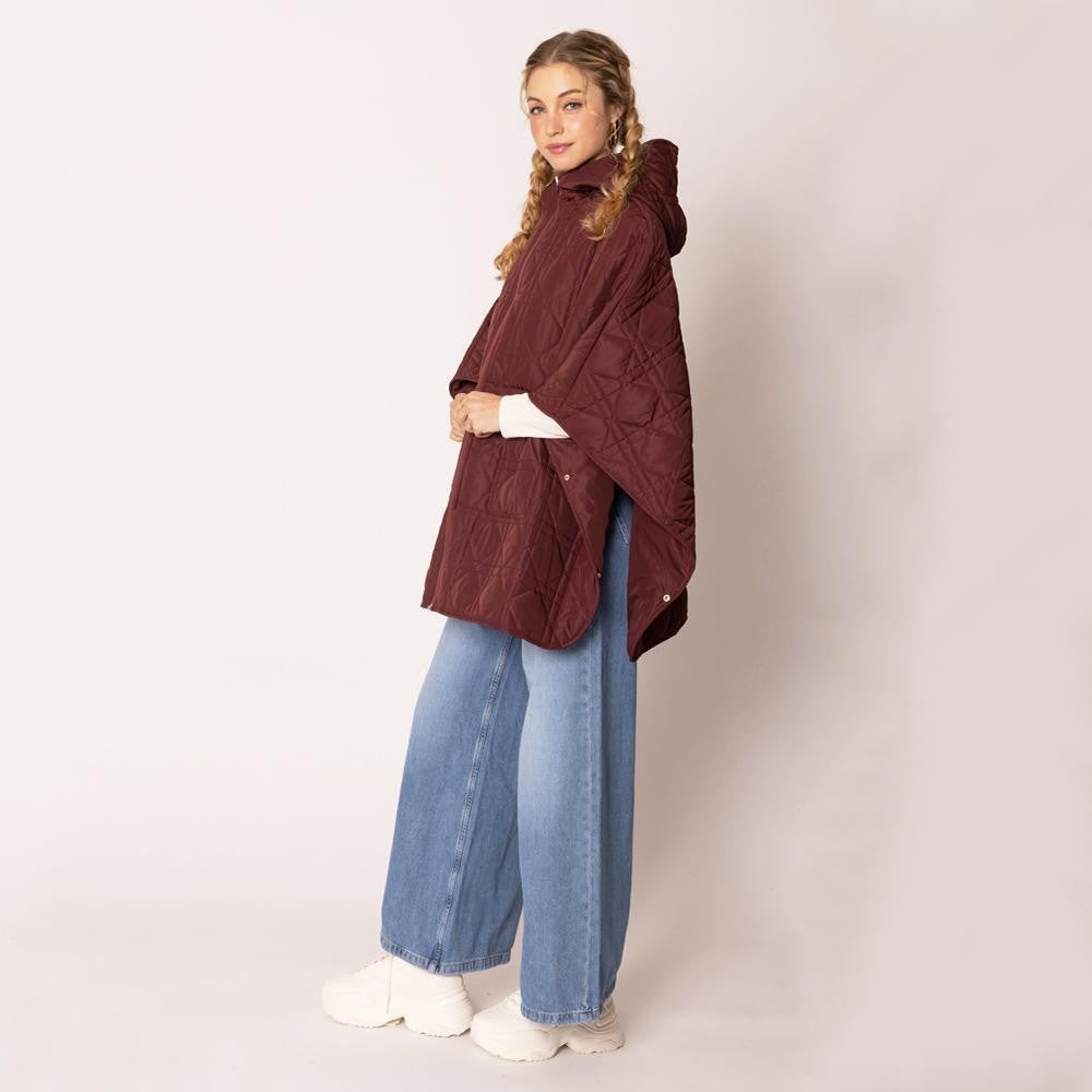 Quilted Burgundy Hooded Zip Up Poncho