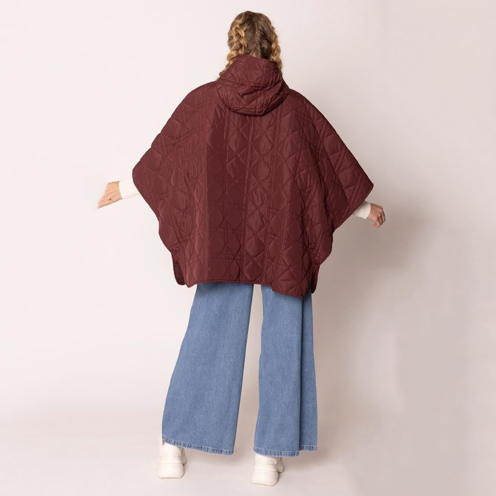 Quilted Burgundy Hooded Zip Up Poncho