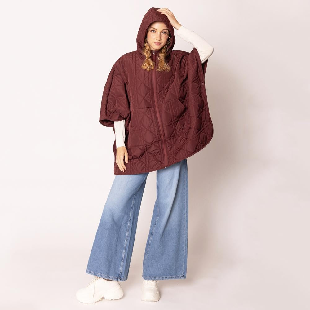 Quilted Burgundy Hooded Zip Up Poncho