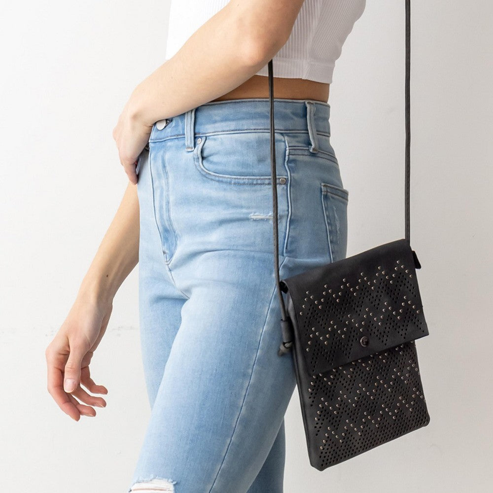 Faux Leather Laser Cut Vertical Cross Body Bag