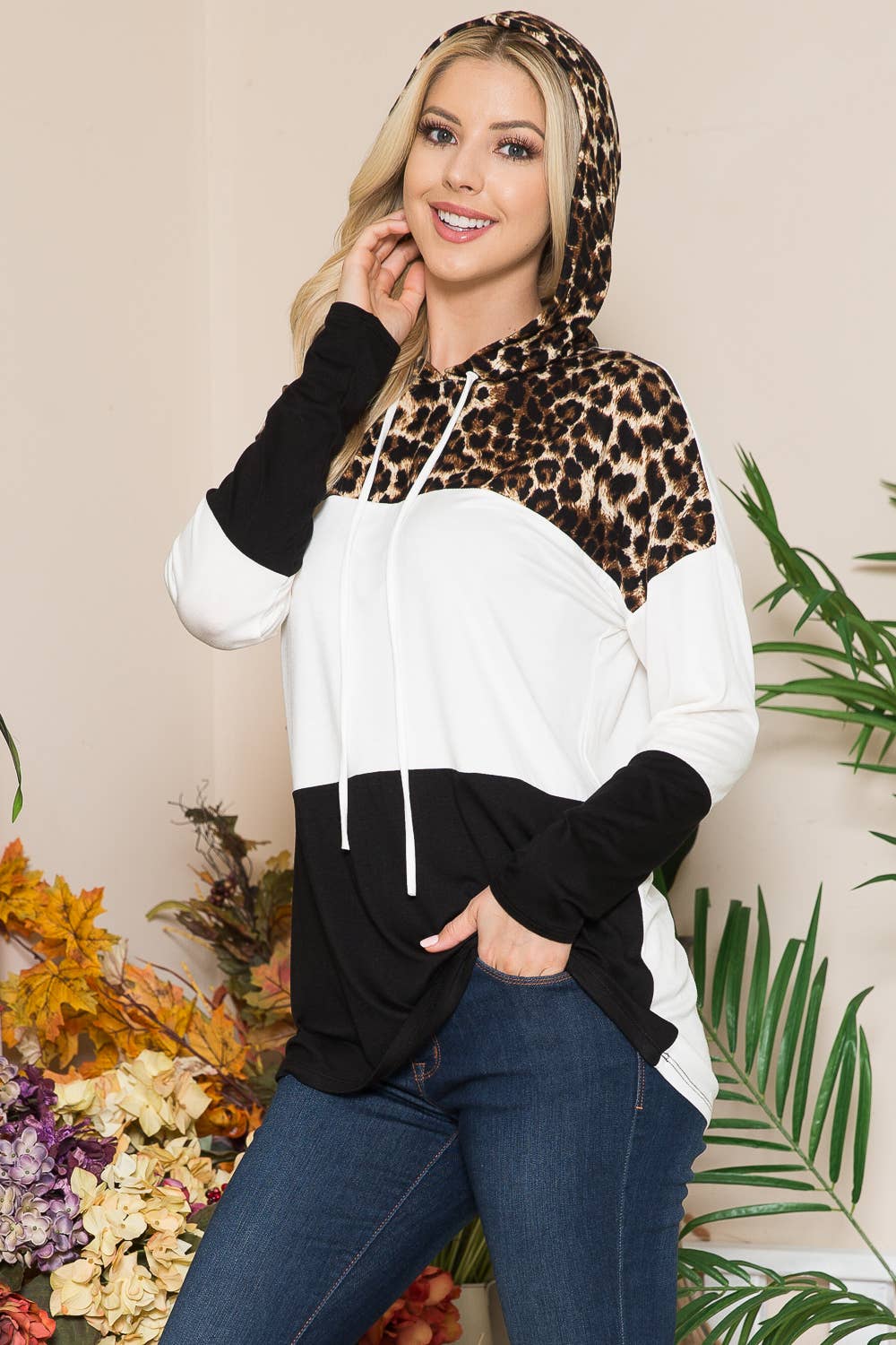 Colorblock Hoodie with Animal Print