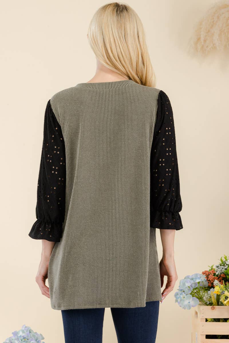 Olive Ribbed Top With Eyelet Sleeves