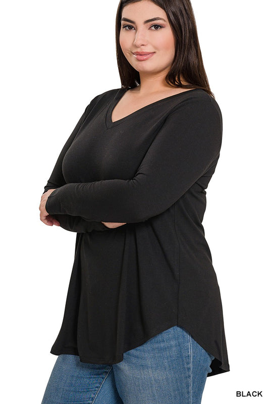 Long Sleeve V-Neck Round Hem Top