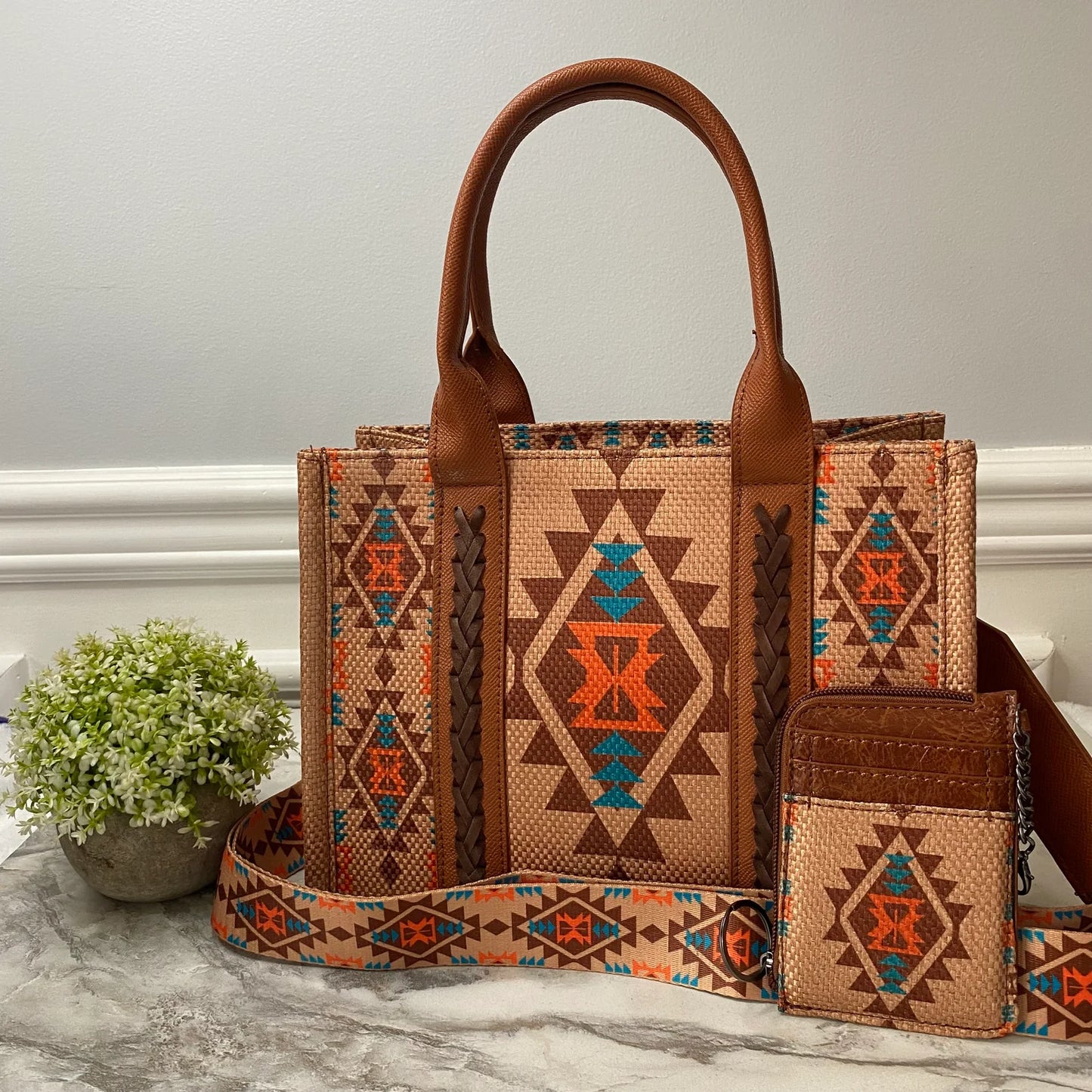 Arizona Tote Bag & Card Wallet in Orange & Turquoise