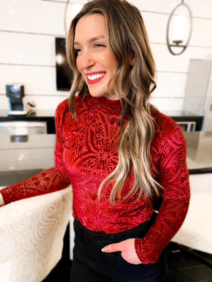 Shimmer Velvet Mesh Top Red