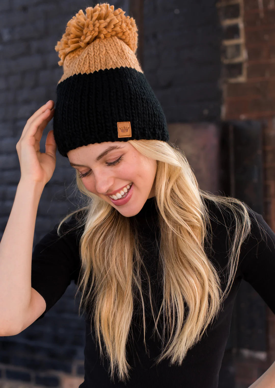 Black & Camel Pom Beanie