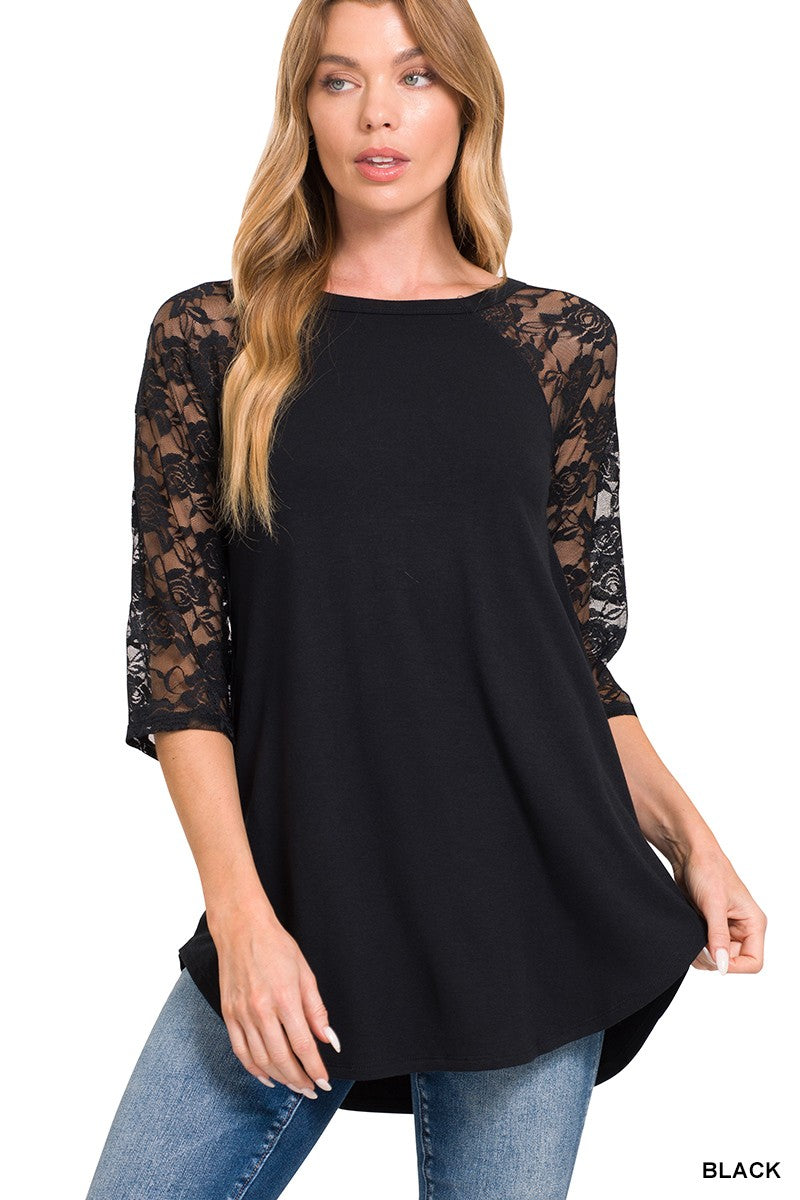 Lace Sleeve Round Neck Top in Black