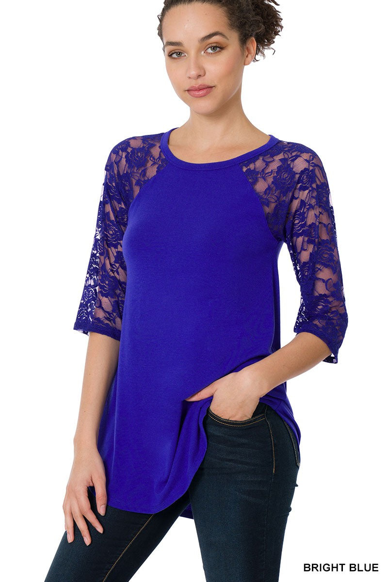 Lace Sleeve Round Neck Top in Blue