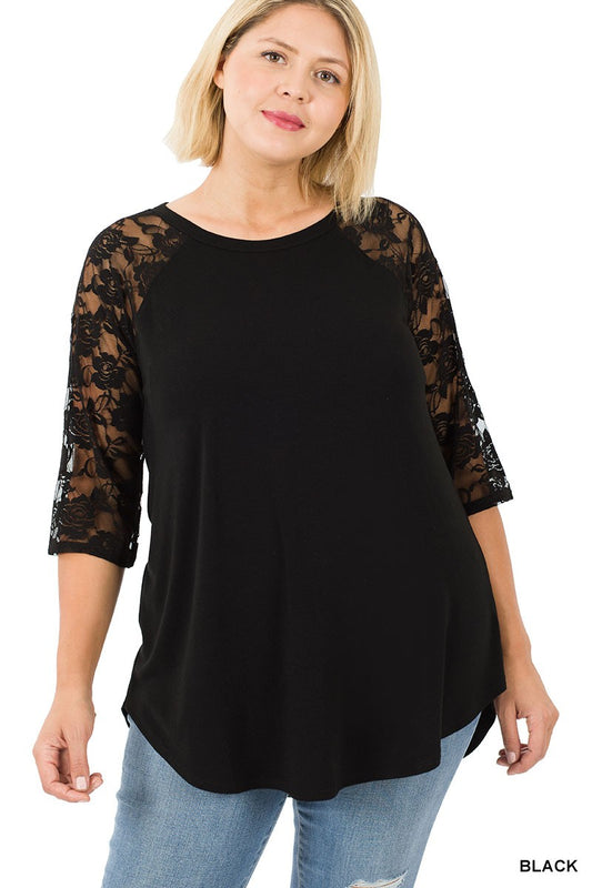 Lace Sleeve Round Neck Top in Black