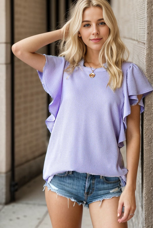 Ruffle Sleeve Solid Top in Lavender