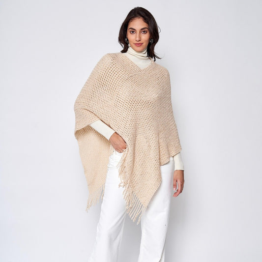 Open Knit Poncho with Sequin Detail in Ivory