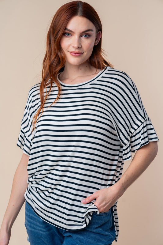 Black & White Striped Ruffle Sleeve Top