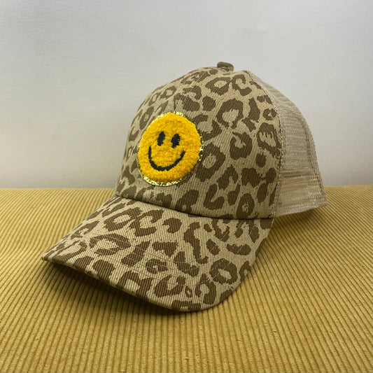 Cheetah Smiley Patch Pony Criss Cross Baseball Hat
