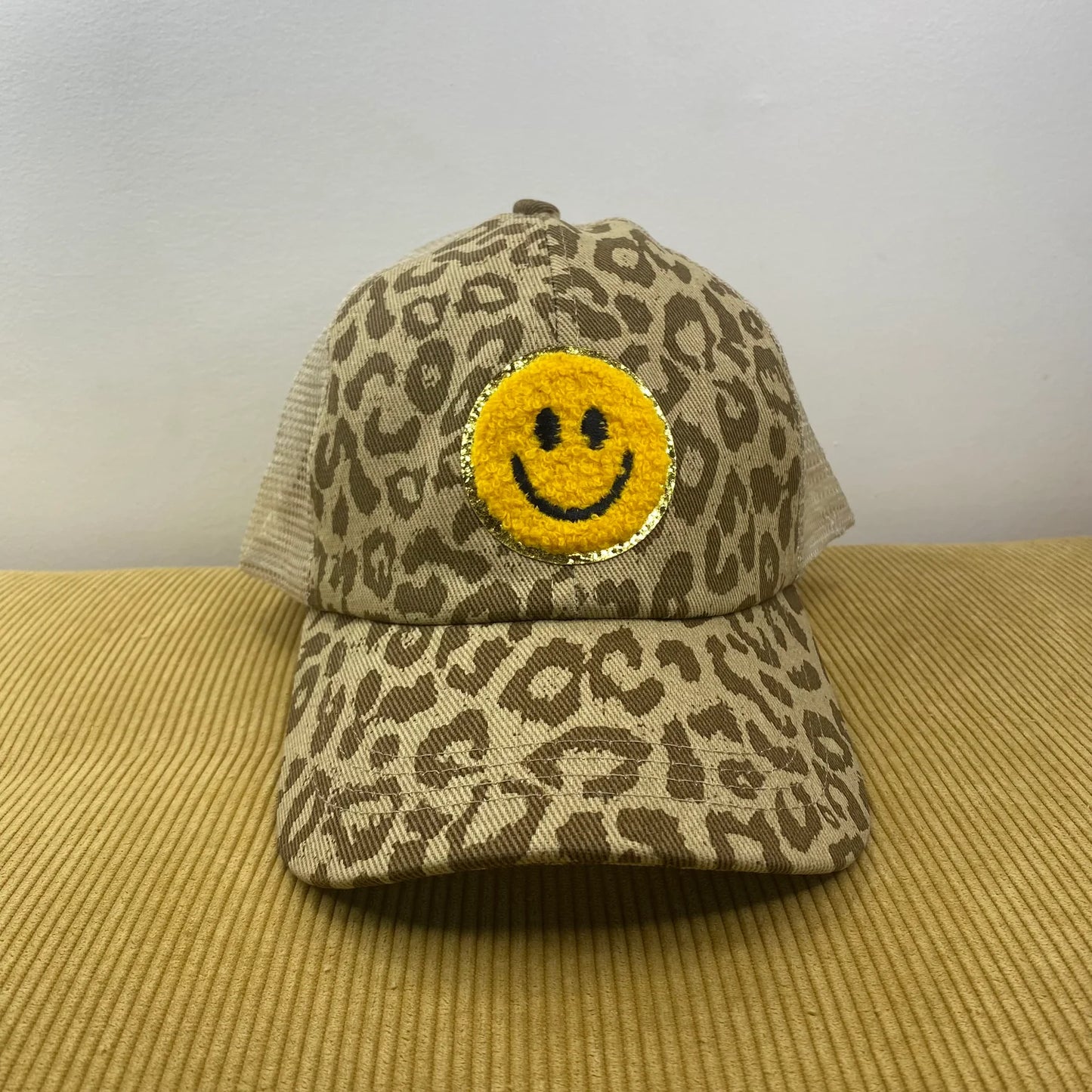 Cheetah Smiley Patch Pony Criss Cross Baseball Hat