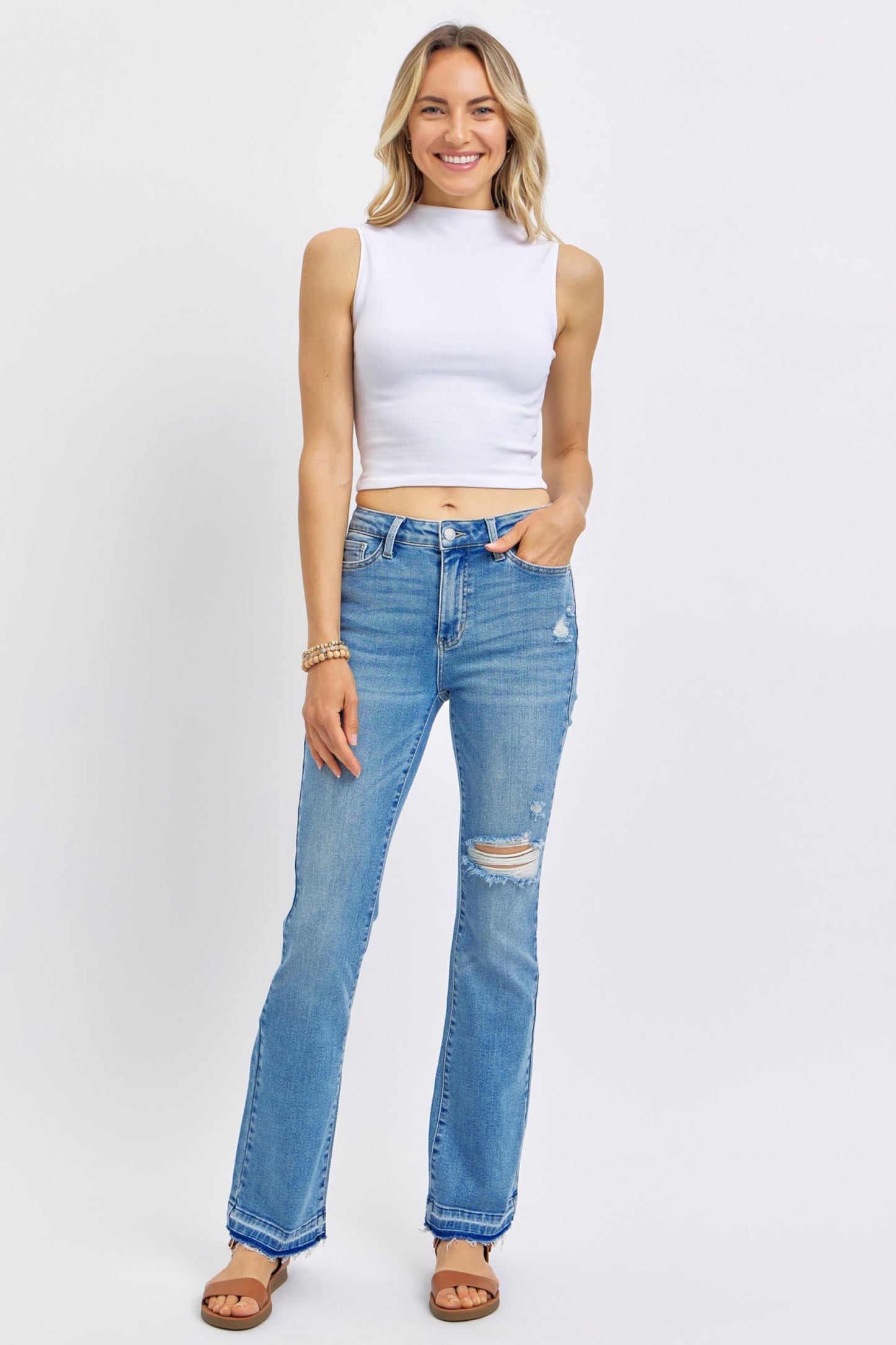 Judy Blue Mid Rise Destroy & Release Hem Bootcut Denim