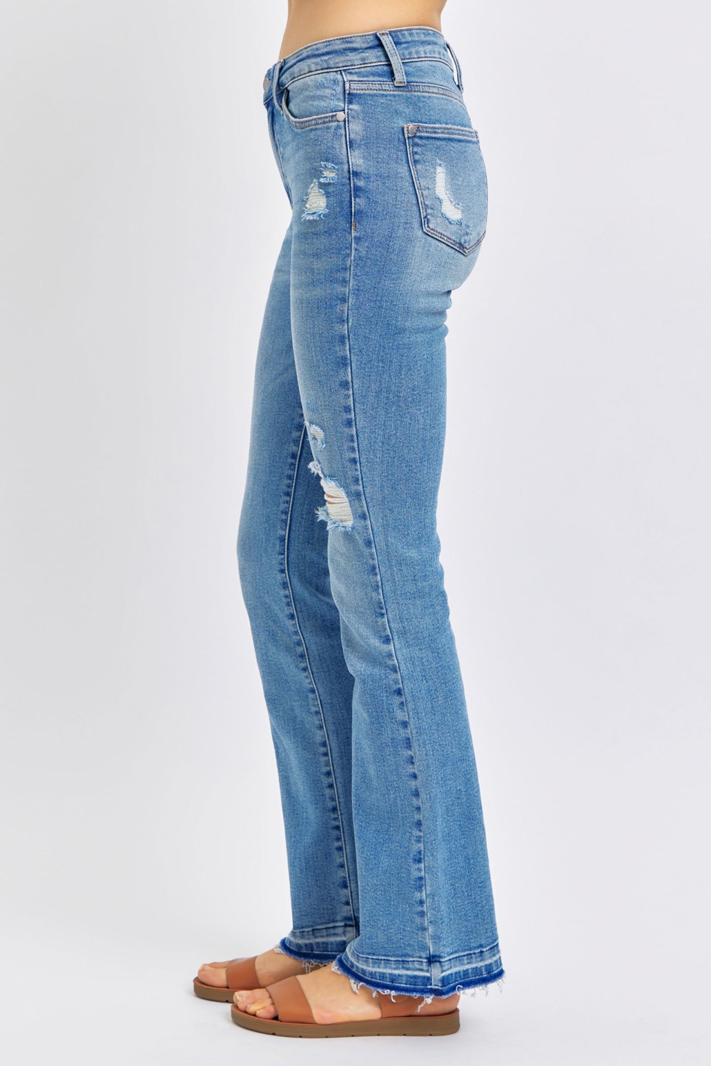 Judy Blue Mid Rise Destroy & Release Hem Bootcut Denim