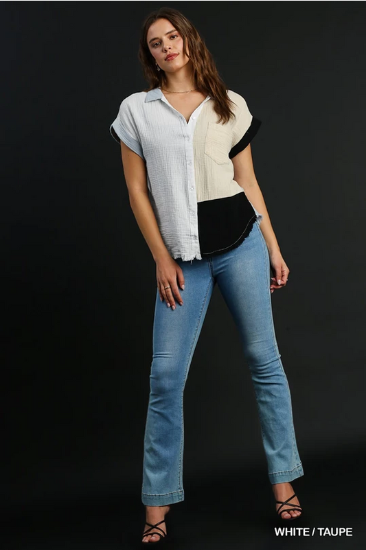 Color Block Gauze Button Up Top