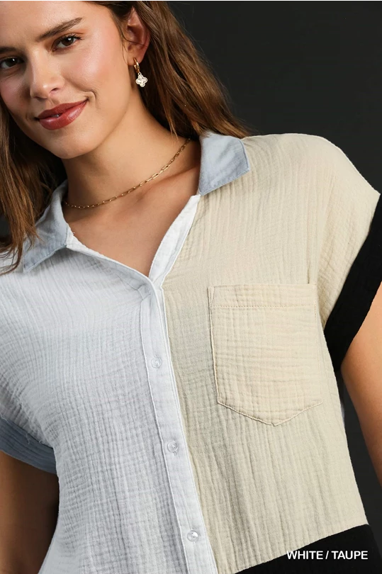 Color Block Gauze Button Up Top