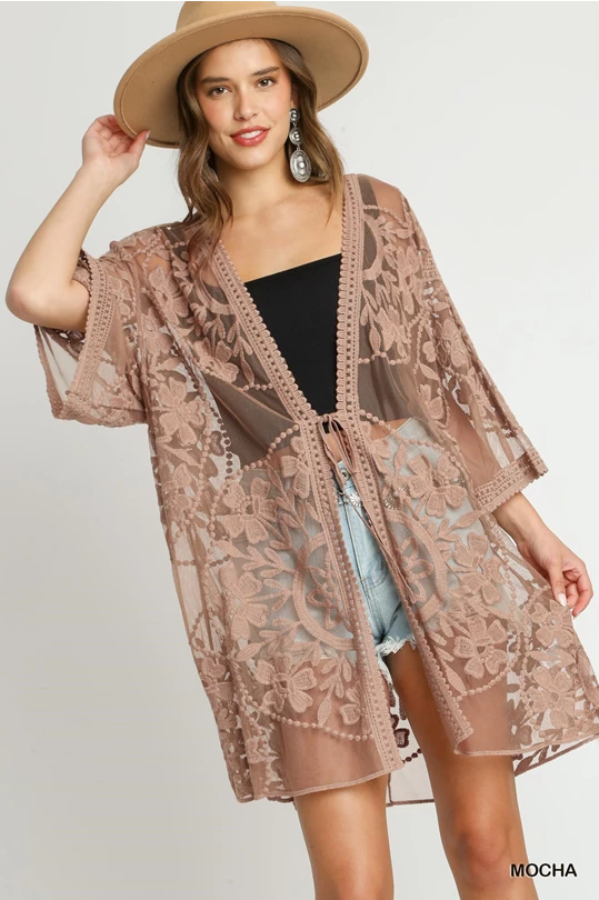 Floral Lace Front Tie Kimono