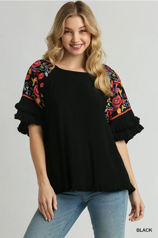 Floral Embroidered Sleeve Top