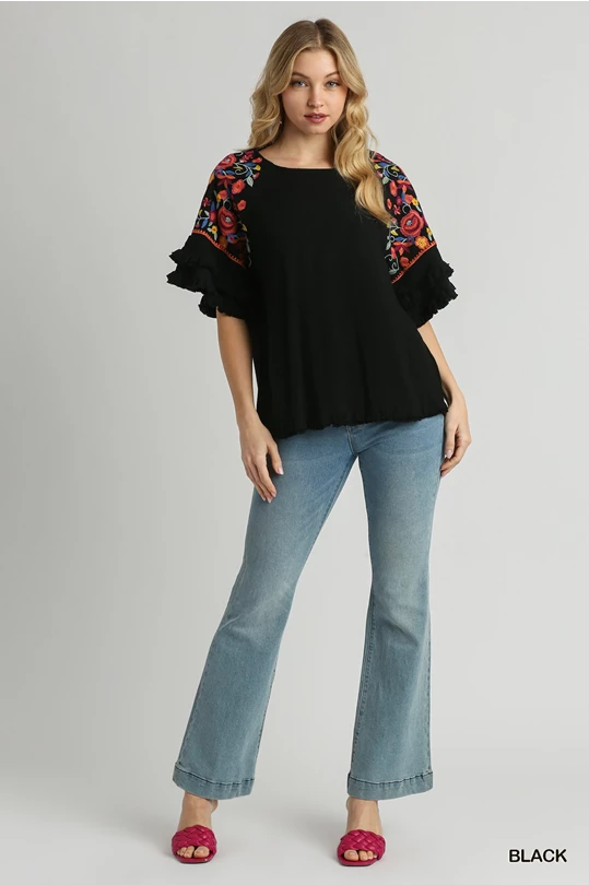 Floral Embroidered Sleeve Top