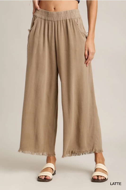 Wide Leg Fringe Ankle Pant in Latte