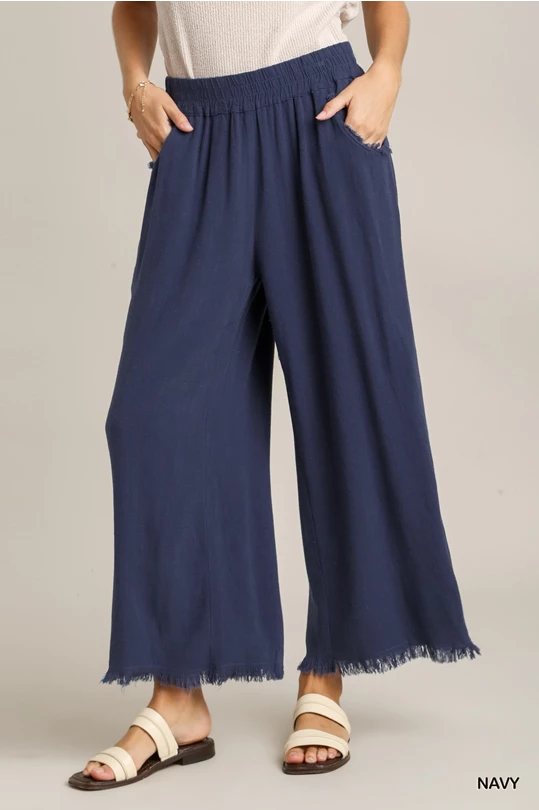 Wide Leg Fringe Ankle Pant in Navy