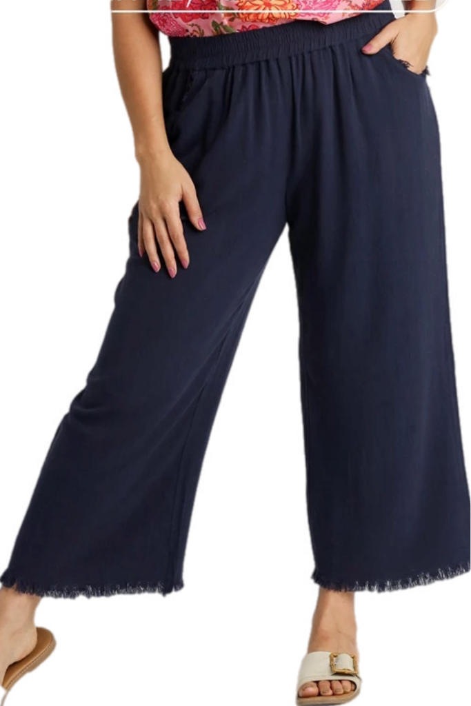 Wide Leg Fringe Ankle Pant in Navy