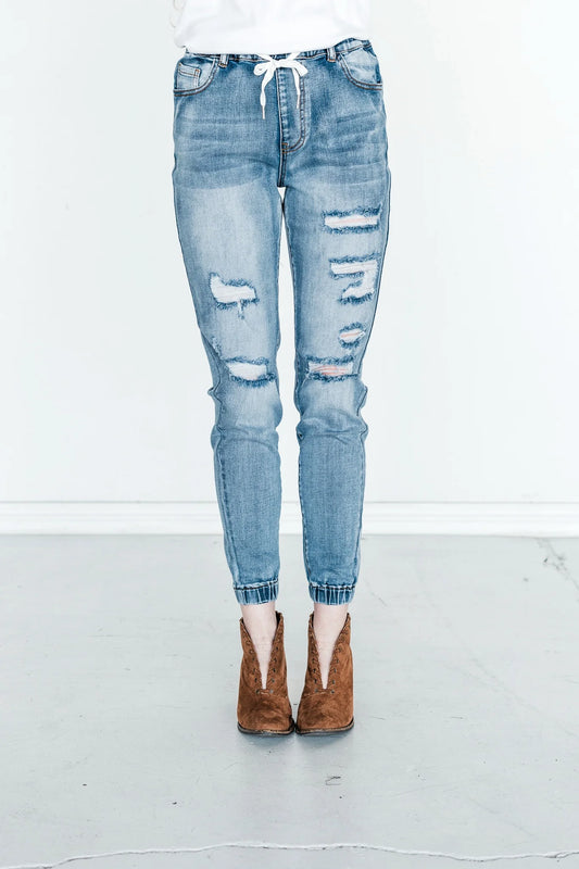 Distressed Cotton Blend Jogger Pants