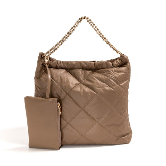 Quilted Puffer Tote Handbag Set in Taupe