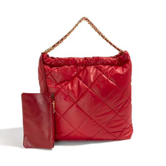 Quilted Puffer Tote Handbag Set in Red