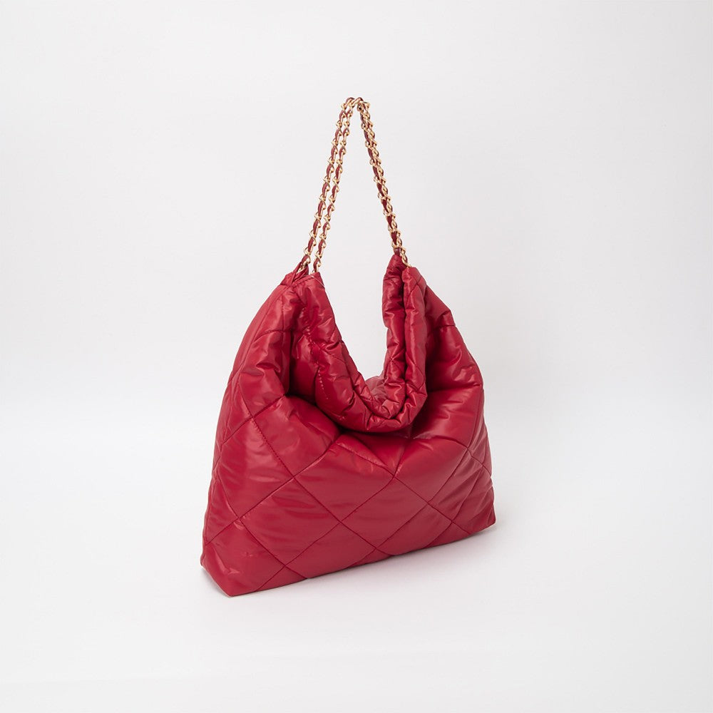 Quilted Puffer Tote Handbag Set in Red