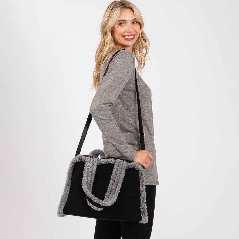 Faux Suede & Sherpa Handbag in Black