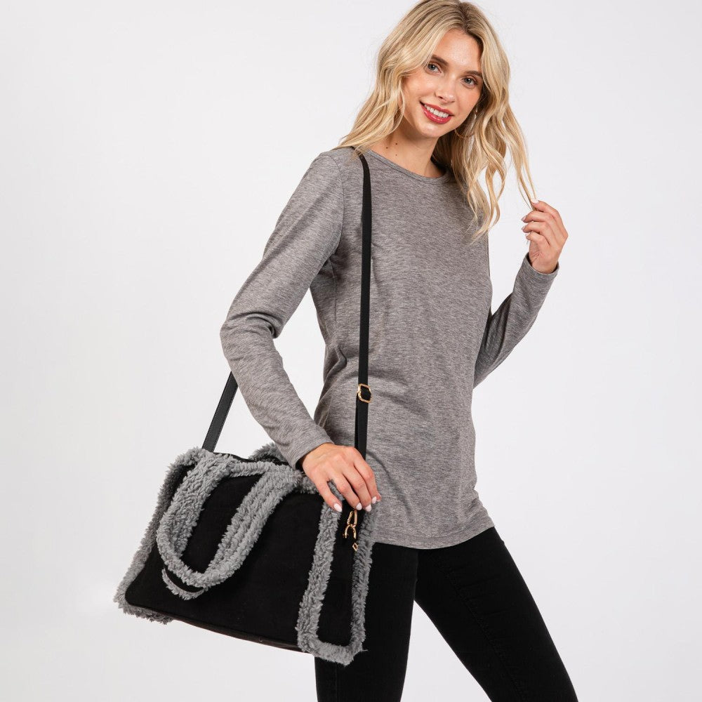 Faux Suede & Sherpa Handbag in Black