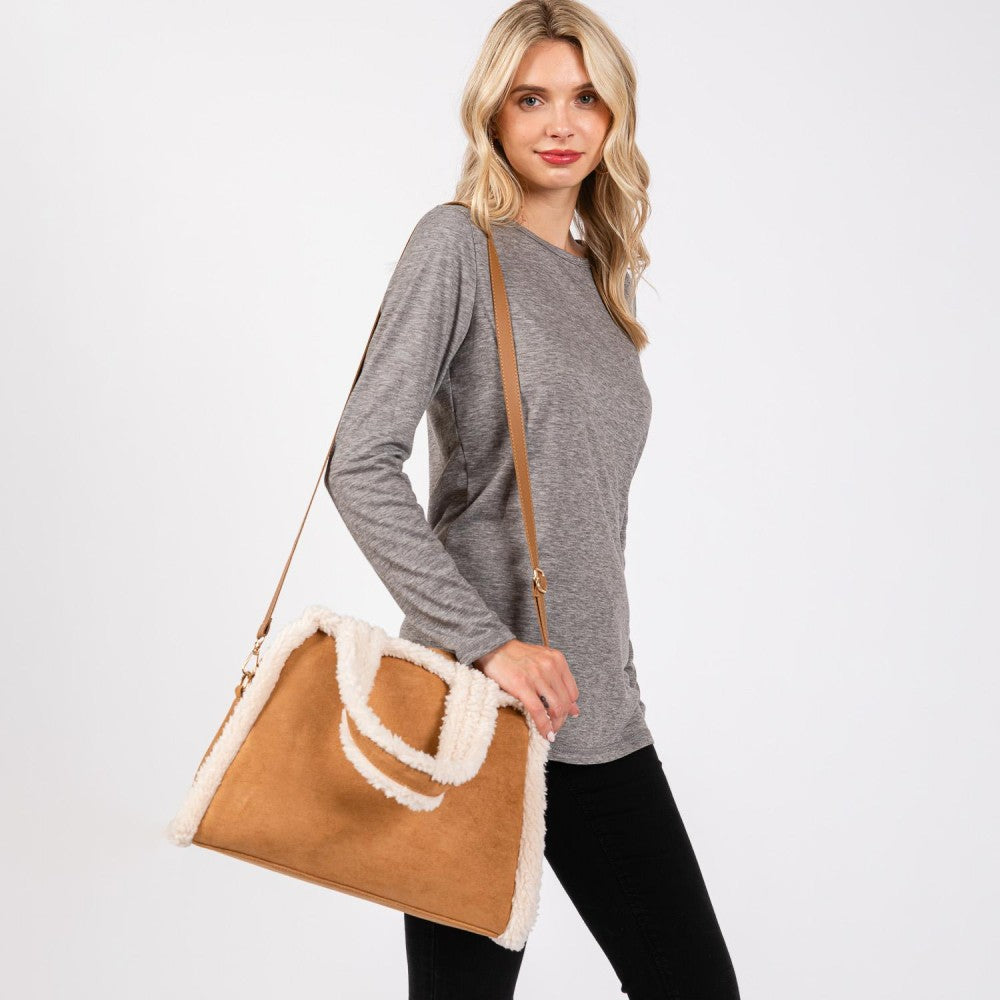 Faux Suede & Sherpa Handbag in Camel