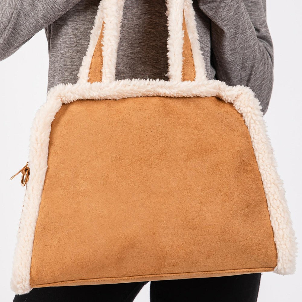 Faux Suede & Sherpa Handbag in Camel