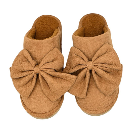 Faux Suede Bow Slippers in Camel