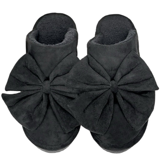 Faux Suede Bow Slippers in Black