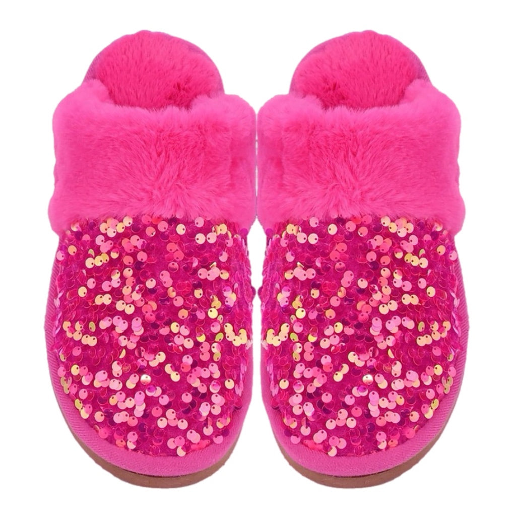 Faux Fur & Sequin Slippers in Pink