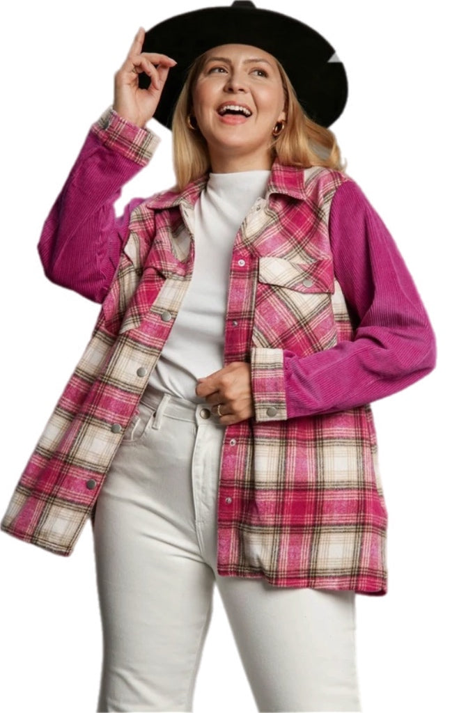 Plaid Fringe Shacket in Magenta Pink