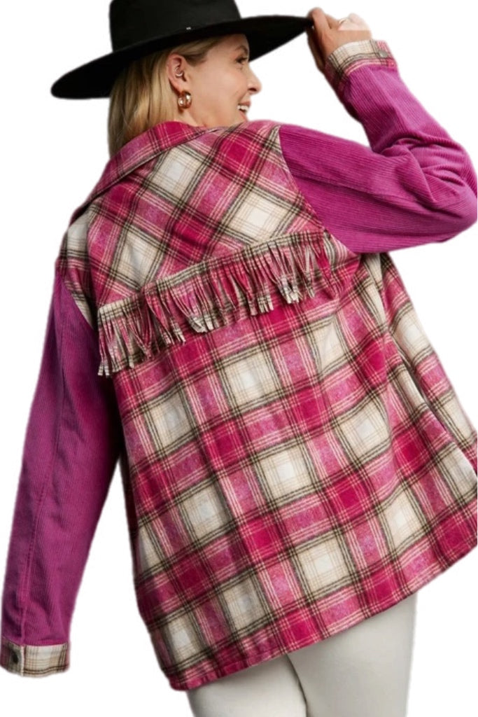 Plaid Fringe Shacket in Magenta Pink