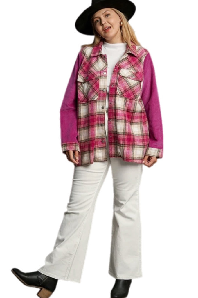 Plaid Fringe Shacket in Magenta Pink