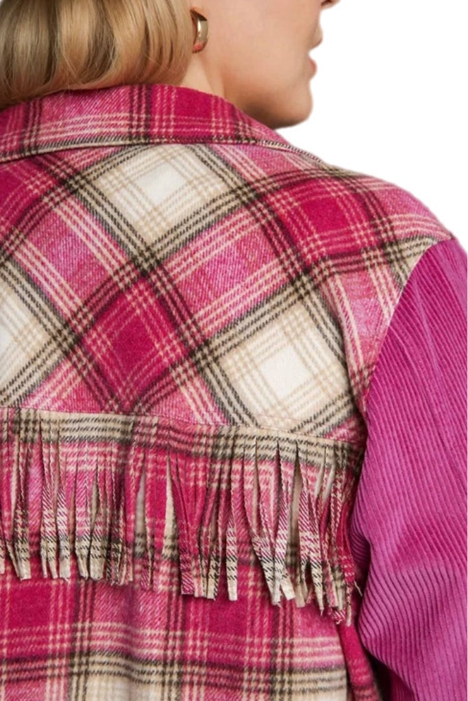 Plaid Fringe Shacket in Magenta Pink