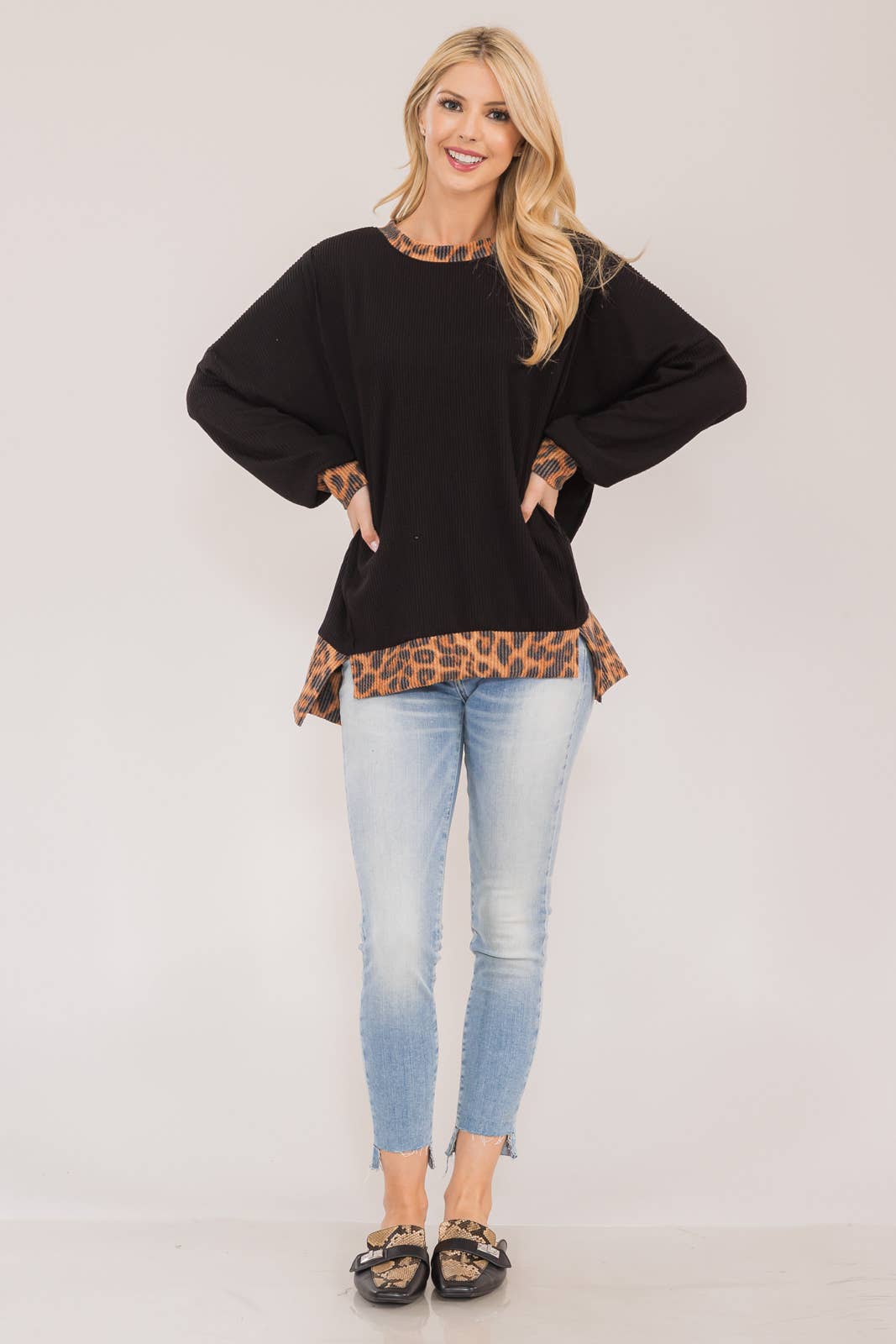 Crewneck Top with Animal Print Trim