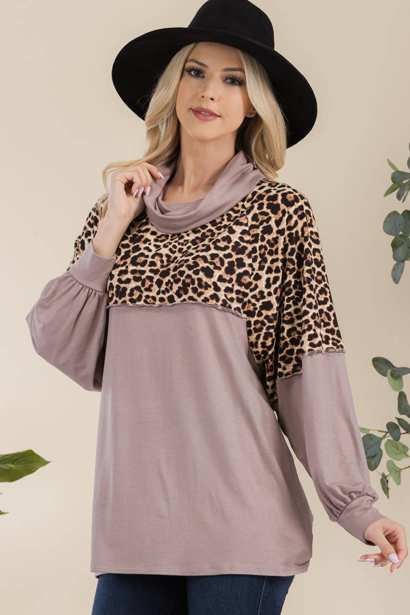 Cowl Neck Long Sleeve Mocha Top With Animal Print