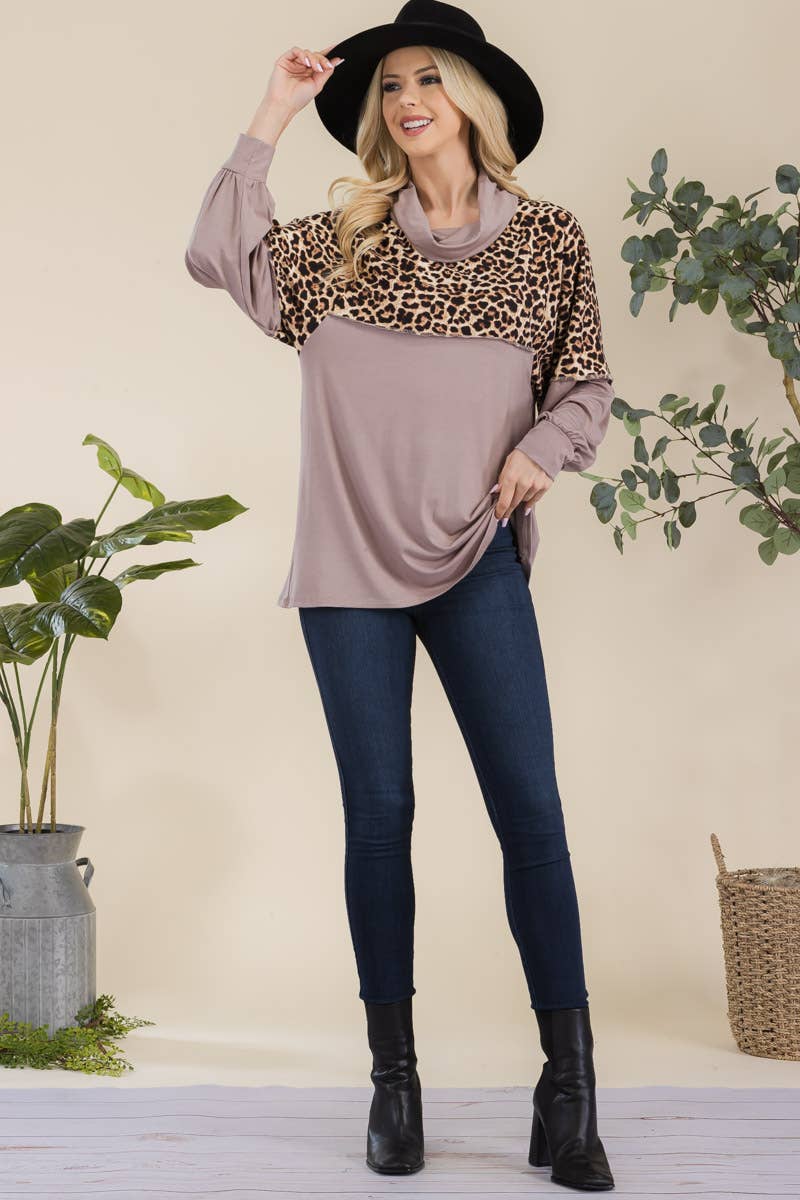 Cowl Neck Long Sleeve Mocha Top With Animal Print